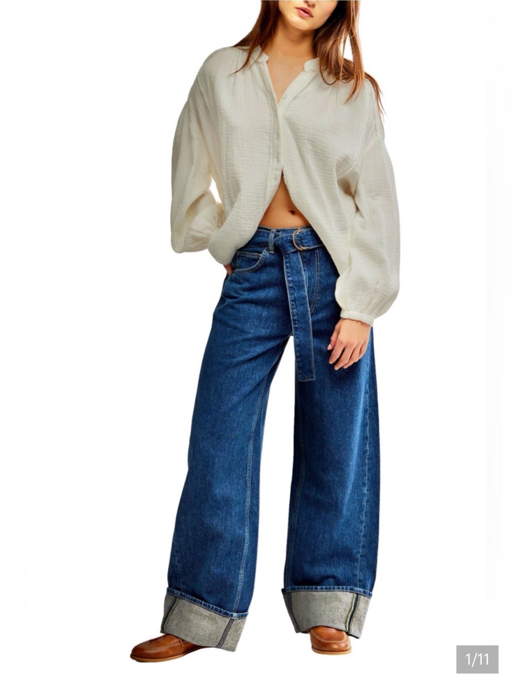 Free People East Bay Belted Cuffed Wide Leg Jeans